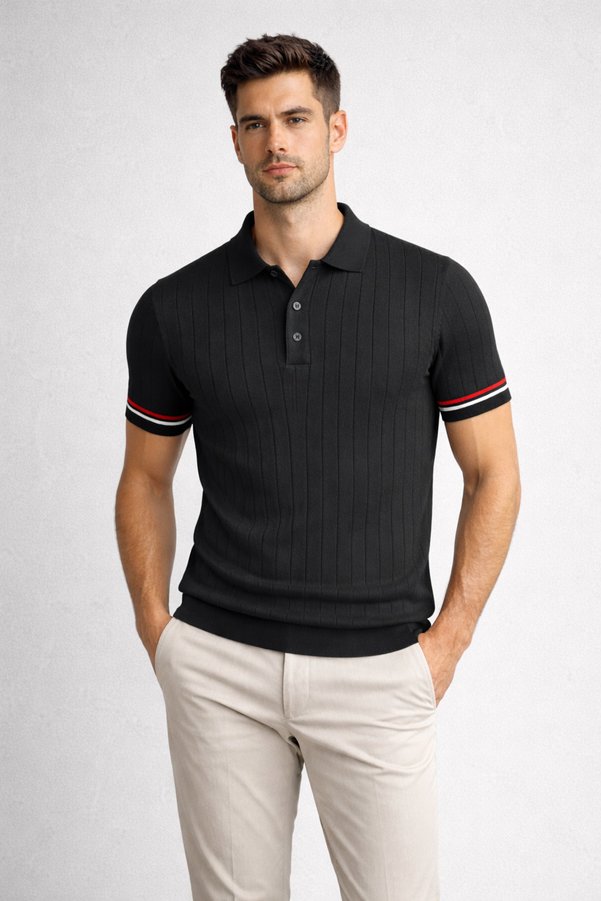 Polo State Men's Slim Fit Knitwear Polo Collar Black T-Shirt with Stripe Detail