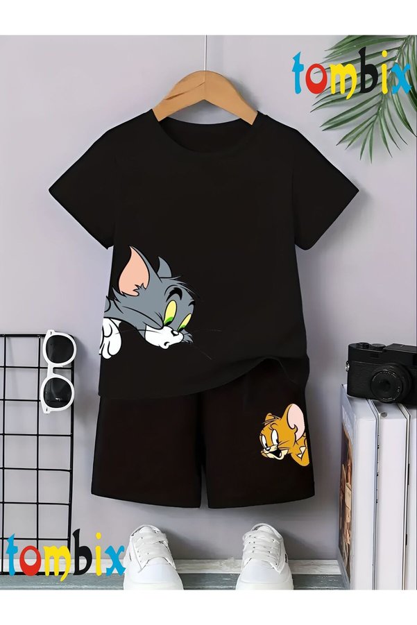 tombix Cat-Mouse Printed T-Shirt Shorts Summer Children's Set