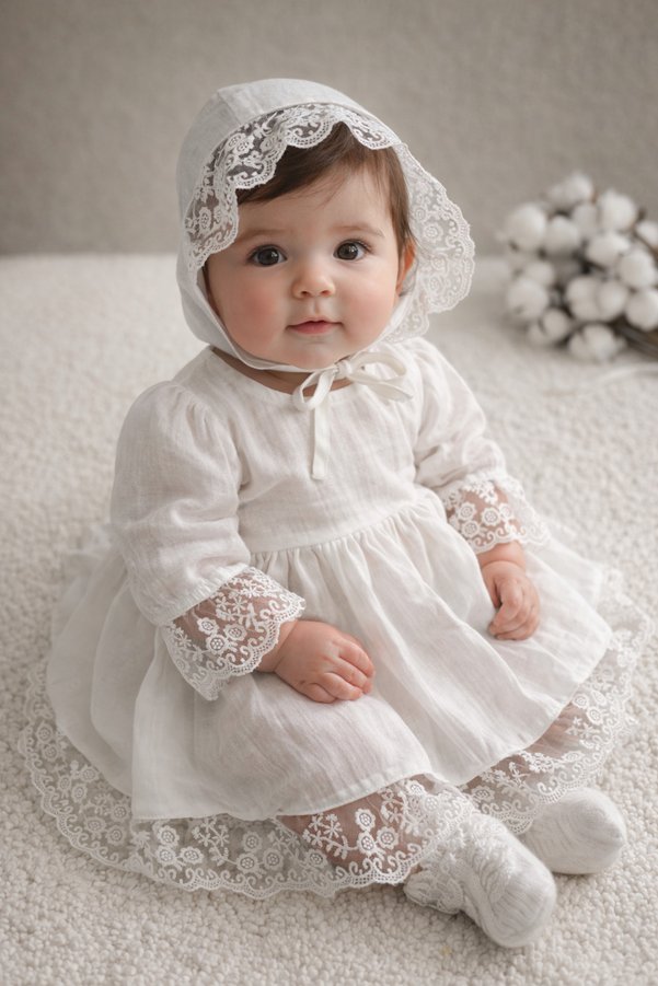 BİYA BABY Organic Muslin Fabric Lace Detailed Ecru Baby Mevlid Dress Set