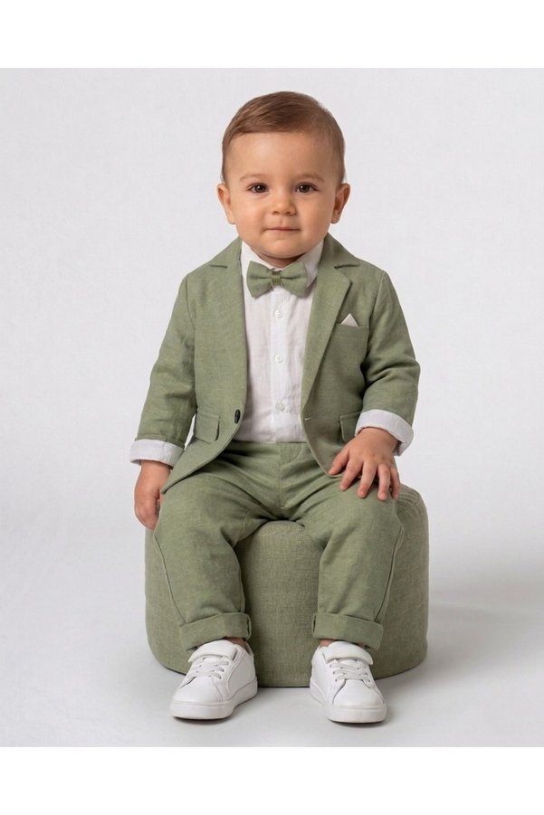 Ege Bebek Baby Boy Linen Jacket, Trousers, Snap Button Shirt, 3-6-9-12-18-24 Months Stylish Bow Tie 4-Piece Set