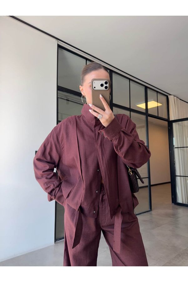 BB Bensu Buyruk Belted Linen Jacket Mürdüm