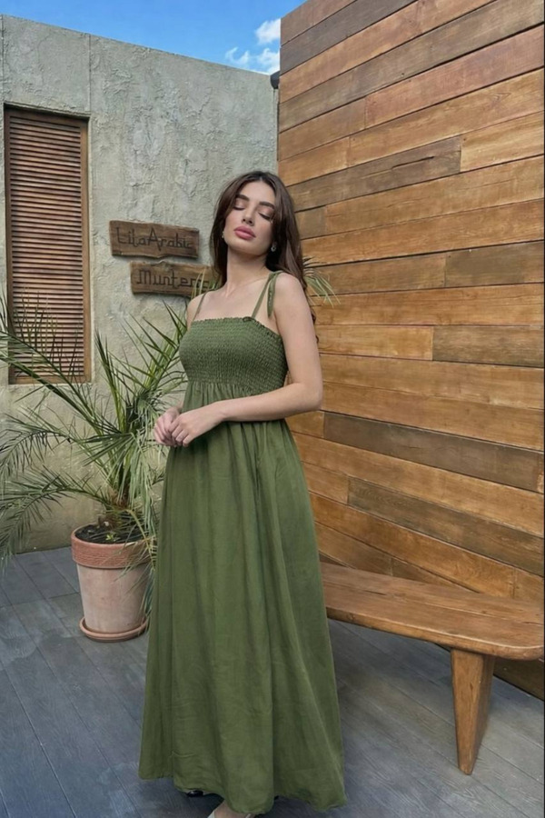 oshebu Khaki - Unlined Cotton Long Summer Women's Dress – Shoulder Tie Strap Gathered