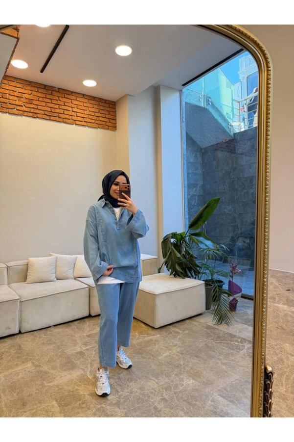 Suede Style 5857 - Stylish Comfortable Slim Soft Denim Fabric Women's Trousers Tunic Set