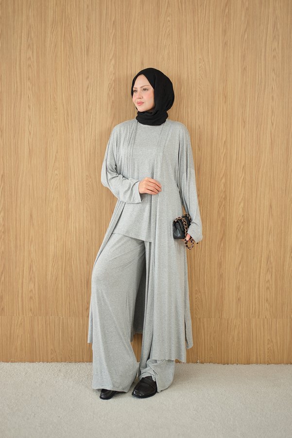 LOCCO Women's Side Slit Zero Sleeve 3-Piece Set Gray