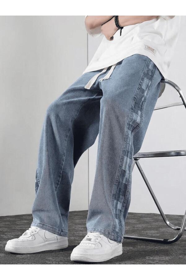 Oksit Vets Men's Lace-Up Elastic Waist Side-Piece Checkered Patterned Loose Jeans