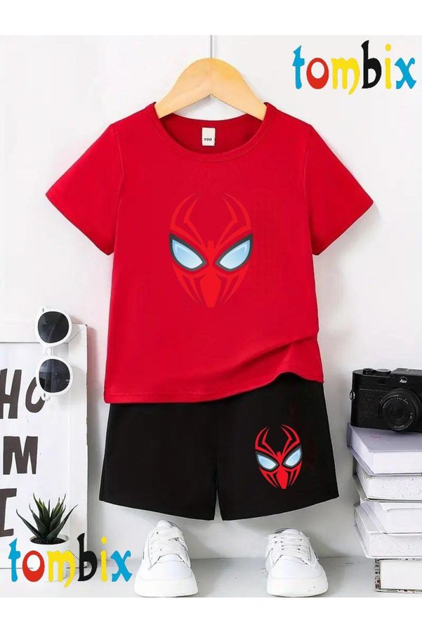 tombix Spider Mask Printed T-Shirt Shorts Summer Children's Set