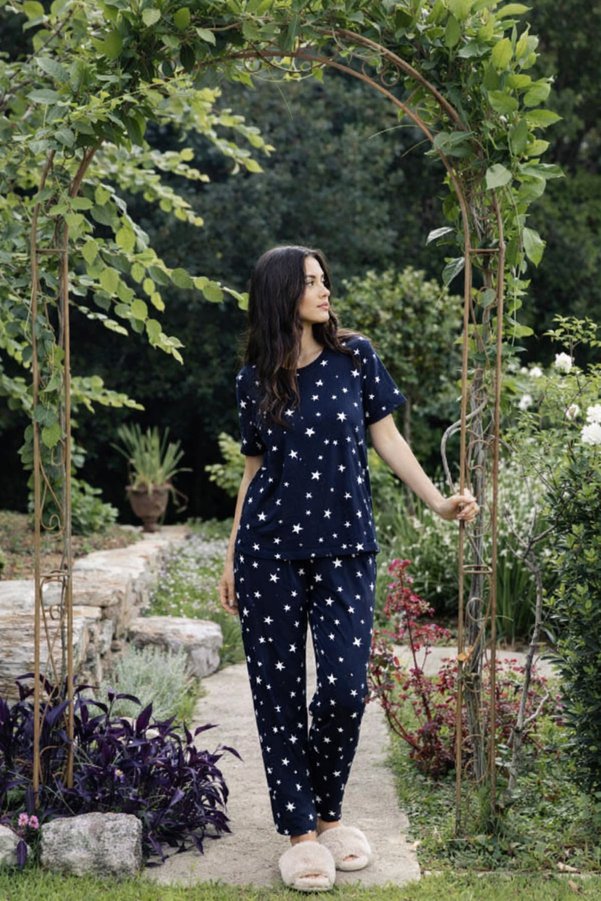 rindahomewear Women's Milan Navy Blue Star Patterned Short Sleeve Pajama Set