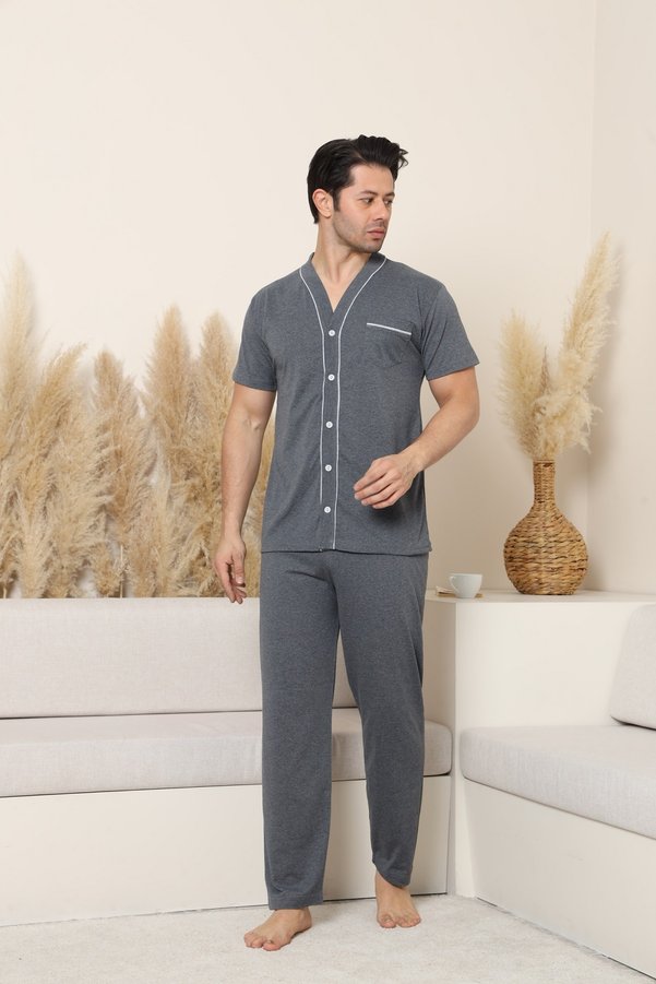 MODAREYA Short-Sleeved, Button-Front, Economical Anthracite Color Men's Pajama Set
