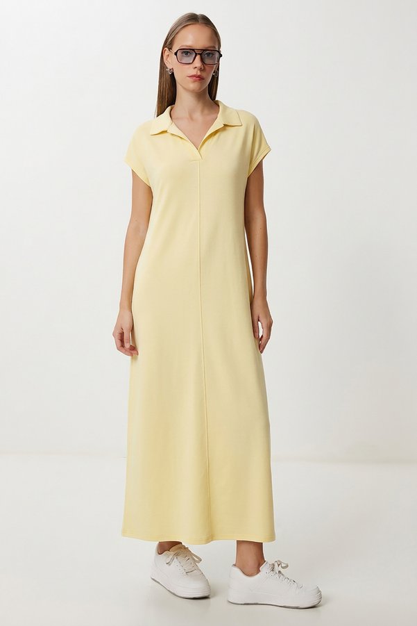 Lovelyİstanbul Polo Collar Knitted Dress with Pockets Ldz0038 Yellow