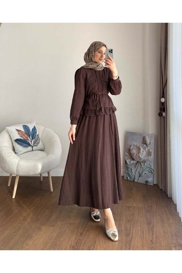 Miraydın Butik Lace Detailed Shirt and Skirt Set M25191 - Brown