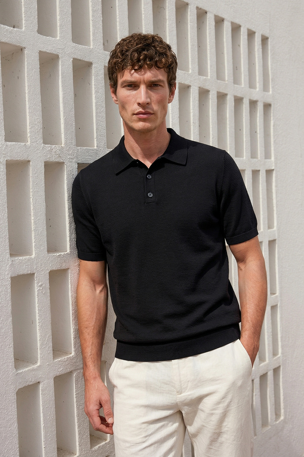 CHUBA Men's Polo Collar Buttoned Short Sleeve Knitwear T-Shirt Black 26S2016