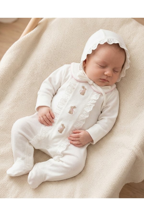 LisaLoom 100% Cotton Rabbit Embroidered Ruffle Baby Romper and Hat Set