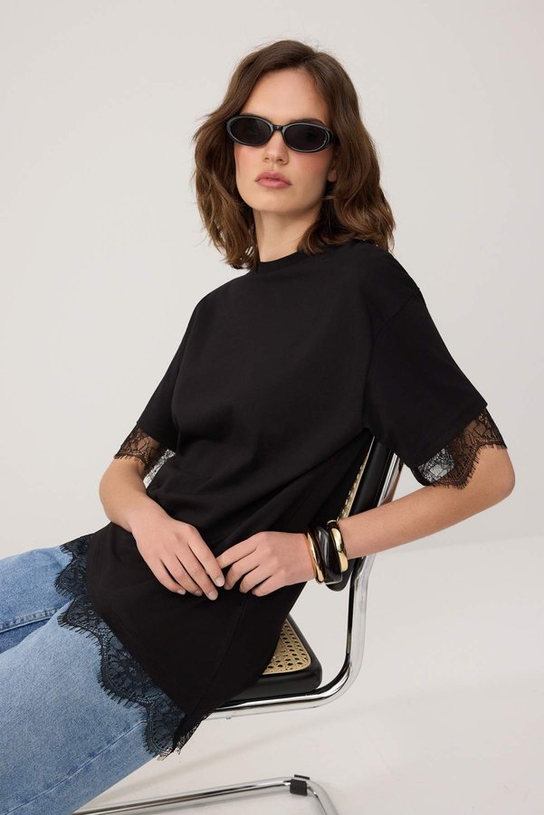 Trendyol Collection Black Regular/Normal Fit Lace Pack Low Sleeve Short Sleeve Soft Touch Knitted T-Shirt Twoss26Ts00196