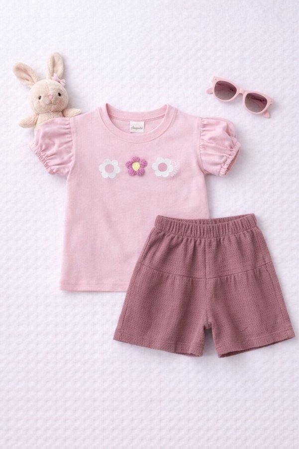 BABY SPORT Girls' T-Shirt and Shorts Set with Floral Detail and Ruffle Sleeves Summer Set