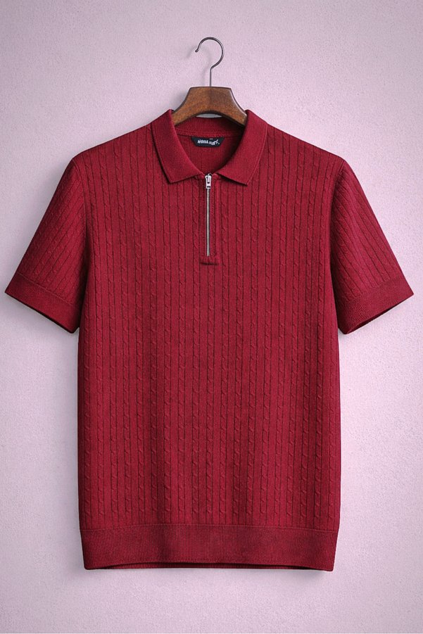 Vance Polo Collar Zippered Knitted Old Money Knitted First Quality Soft Short Sleeve Men's T-Shirt