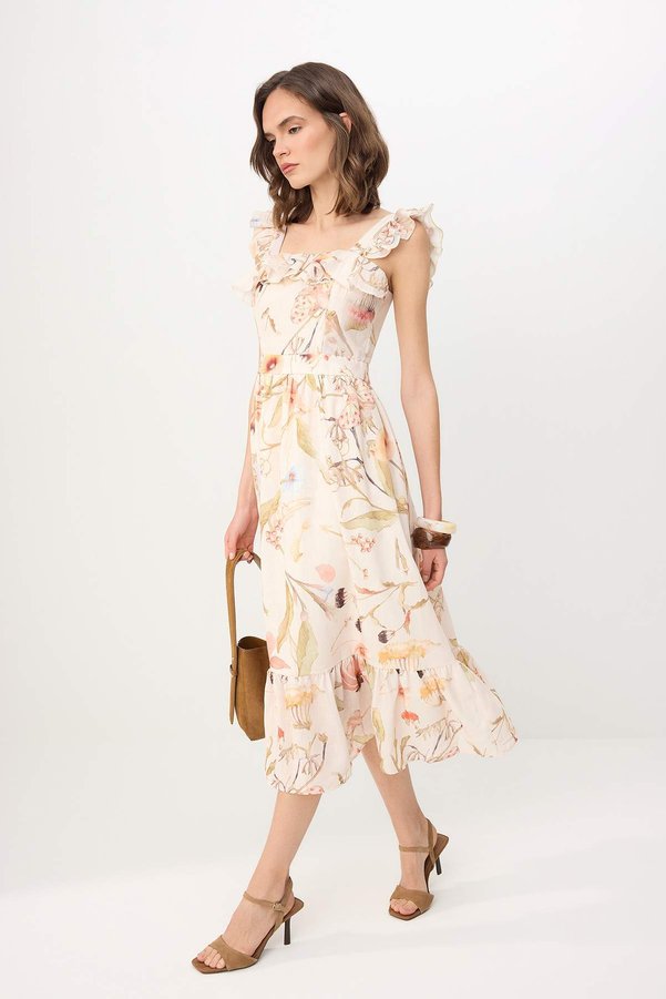 Trendyol Collection Cream 100% Cotton Floral Ruffle Detailed Skater/Waist Cut-Out Midi Woven Dress Twoss26El00861