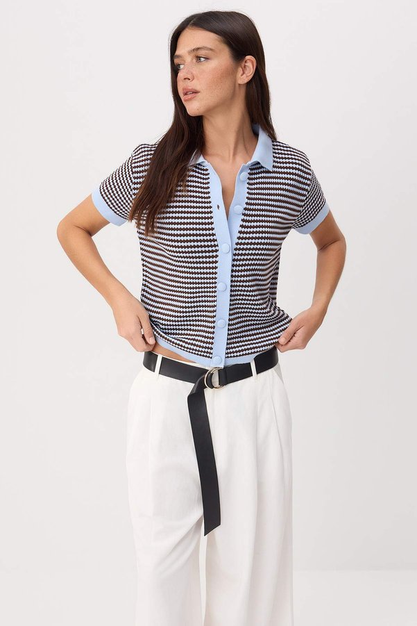 Trendyol Collection Brown Polo Collar Striped Knitwear Blouse Twoss25Bz00183