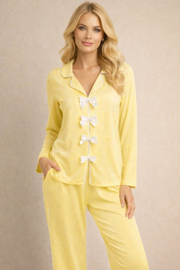 meriluu Yellow Ribbon/Bow and Piped Detail Viscose Woven Pajama Set