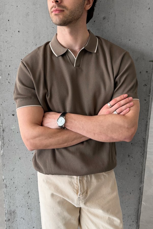 HYMAN Men's Oversized Brioche Knit Polo Collar T-Shirt
