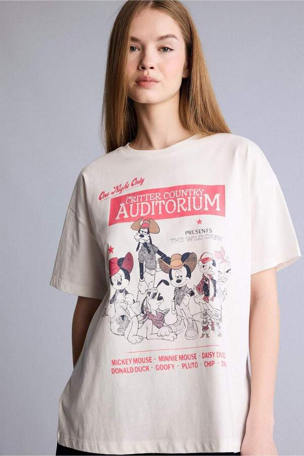Defacto 100% Cotton Disney Mickey & Minnie Oversized Crew Neck Printed Short Sleeve T-Shirt H6817Ax26Sm