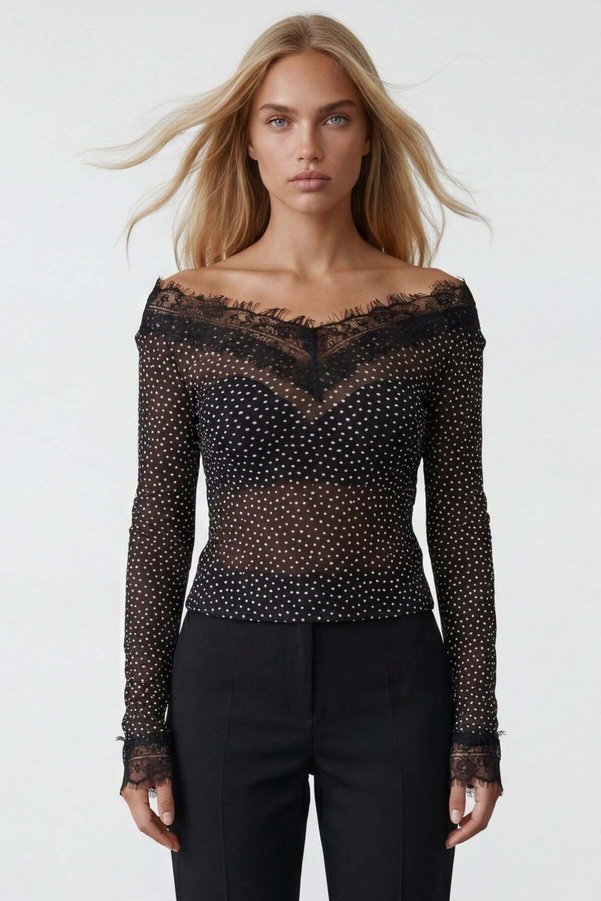 Trend Alaçatı Stili Black Polka Dot Front and Back V-Neck Cashmere Textured Transparent Lace Detailed Blouse Alc-X15268
