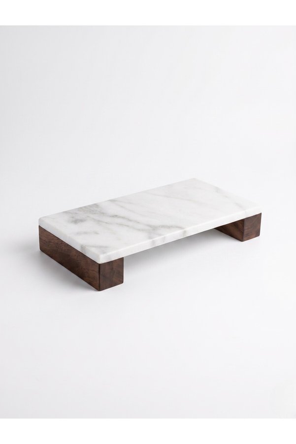 FARALYAHOME Natural White Marble 24X12 cm Multi-Purpose Presentation Tray with Walnut Wooden Legs - Jewelry Makeup Organizer