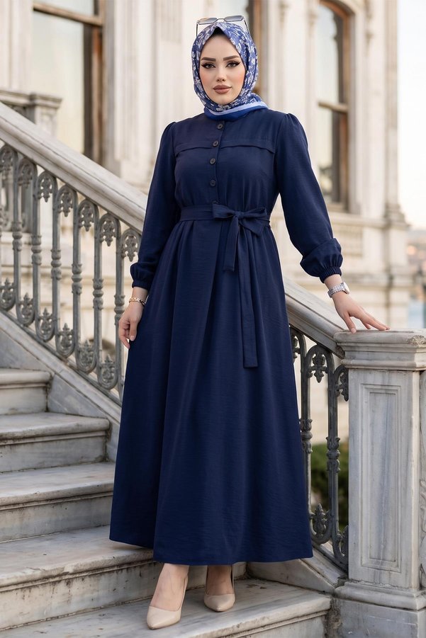 hafsamina Beli Belted Terry Cotton Dress Navy Blue Hm2908