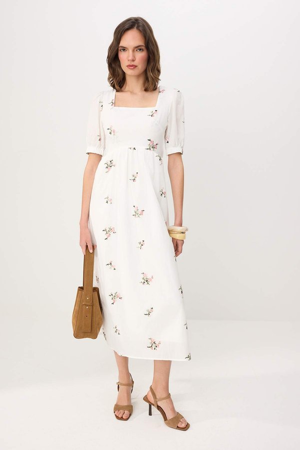 Trendyol Collection White Embroidered Floral Skater/Waist Cut-Out Maxi Woven Dress Twoss26El01018