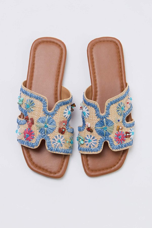 Trendyol Shoes Blue Embroidered Straw Women's Slippers Takss26Te00033