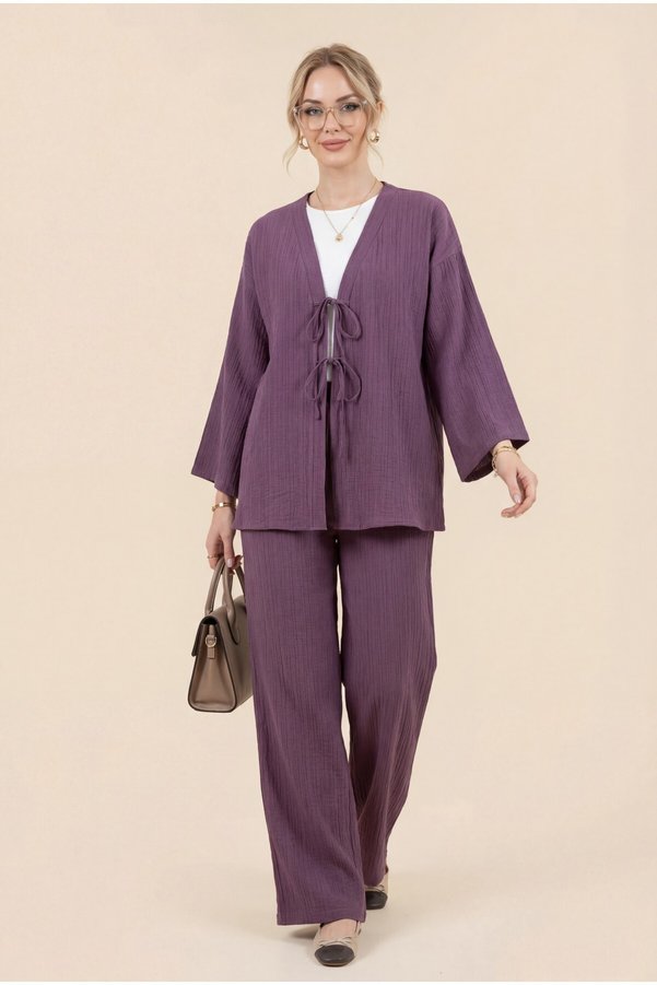 Modamorfo Crinkle Suit with Double Lace-Up Front Trousers - Plum