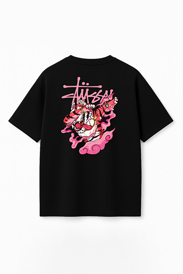 Unisex Stüssy Tiger Baskılı Oversize %100 Pamuk Geniş Kesim Dokulu Bisiklet Yaka Tişört RF0666