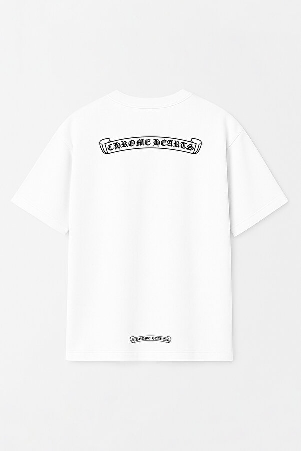 Unisex Chrome Hearts Yazı Baskılı Oversize %100 Pamuk Geniş Kesim Dokulu Bisiklet Yaka Tişört RF0667