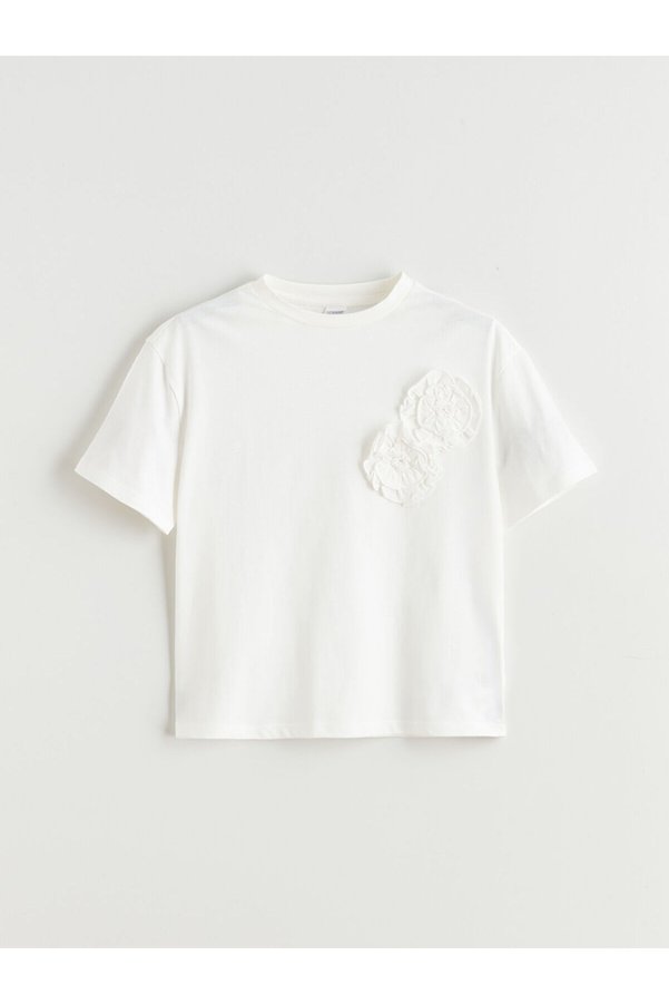 LC Waikiki Trendlucky Floral Detailed Oval Neck Girl's T-Shirt with a Difference in Color