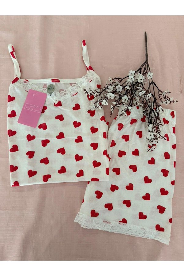MH Moony Homewears 2-Piece Red Heart Strap Shorts Summer Pajama Set