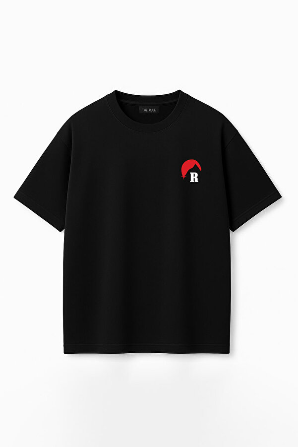 Unisex R Moonlight Baskılı Oversize %100 Pamuk Geniş Kesim Dokulu Bisiklet Yaka Tişört RF0663