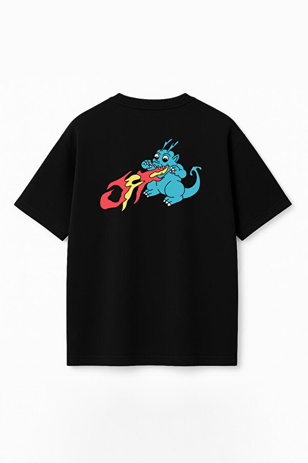 Unisex Off Dragon Baskılı Oversize %100 Pamuk Geniş Kesim Dokulu Bisiklet Yaka Tişört RF0665