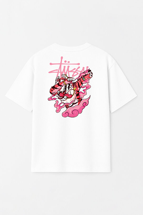 Unisex Stüssy Tiger Baskılı Oversize %100 Pamuk Geniş Kesim Dokulu Bisiklet Yaka Tişört RF0666