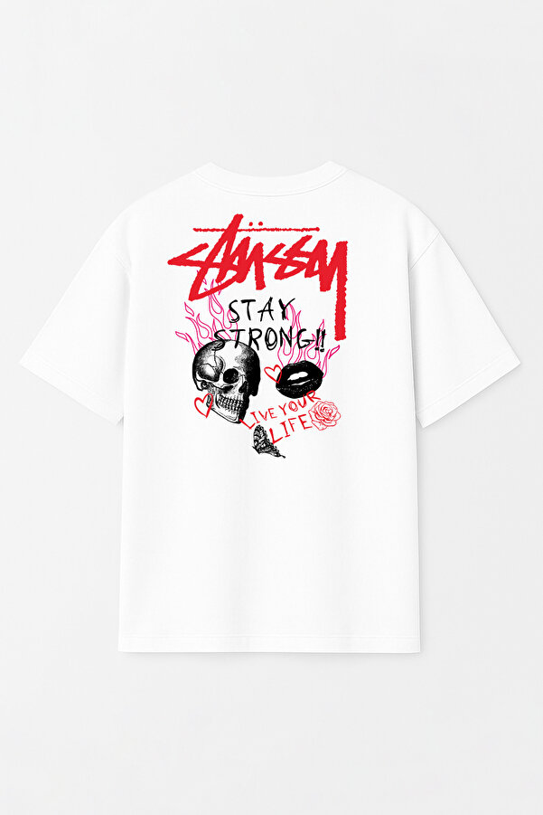 Unisex Stüssy Stay Strong Baskılı Oversize %100 Pamuk Geniş Kesim Dokulu Bisiklet Yaka Tişört RF0668