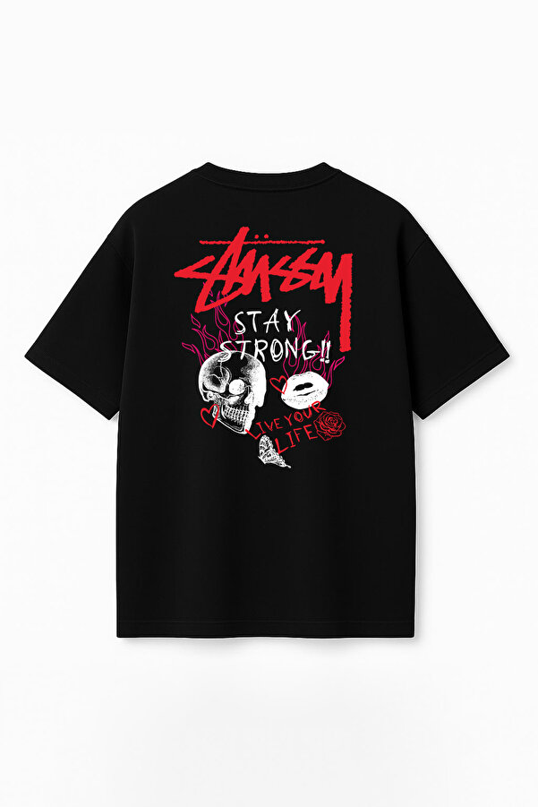 Unisex Stüssy Stay Strong Baskılı Oversize %100 Pamuk Geniş Kesim Dokulu Bisiklet Yaka Tişört RF0668