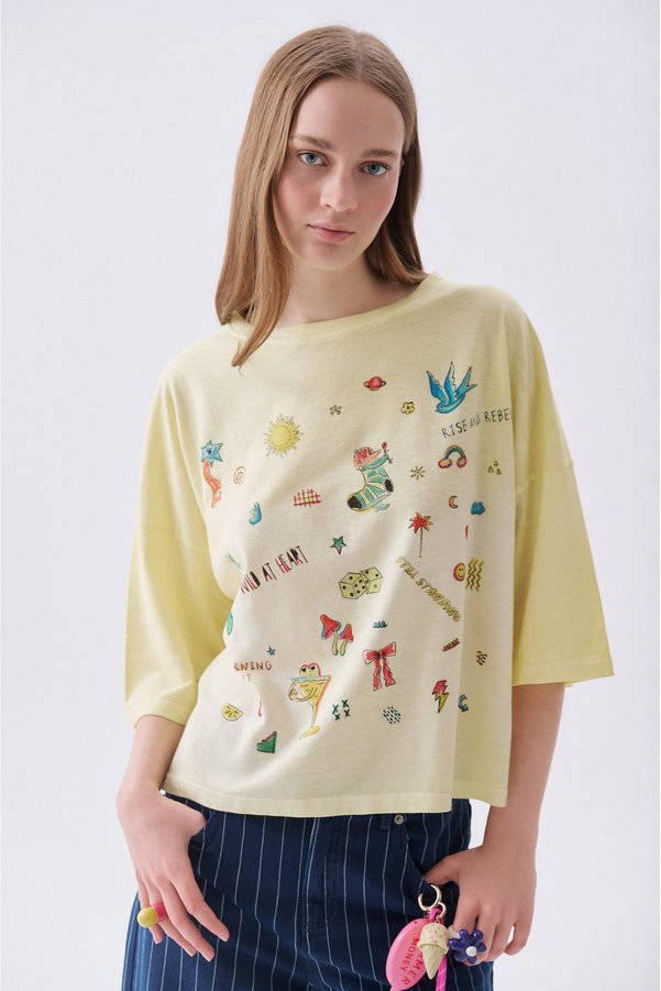 Mudo Women's Yellow Printed Loose Fit Low Sleeve T-Shirt