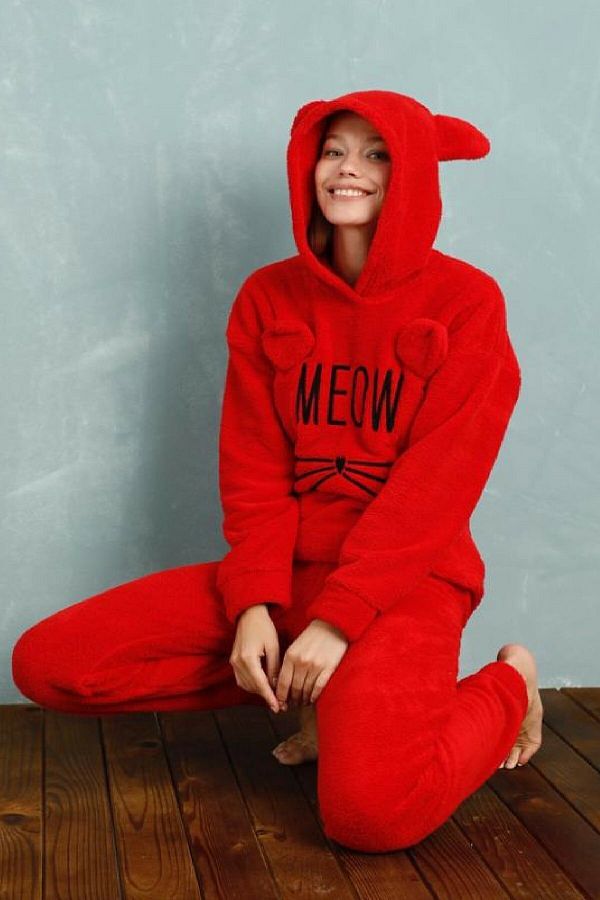 Meba Welsoft Meow Embroidered Hooded Red Fleece Pajama Set New Year s Eve Gift 4130 3 Trendyol