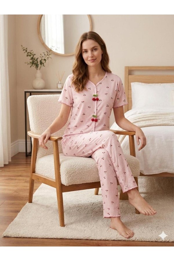 FAMES PİJAMA Summer Camisole Plaid Cherry Patterned Women's Lycra Pajama Set