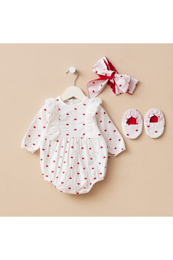 Minimus Baby Girl Cotton Summer Romper Newborn Floral and Heart Patterned Jumpsuit with Headband and Booties Set