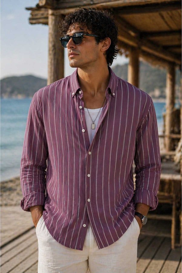 YNGMENCLASS Tensel Iron-Free, Thin Light Textured Fabric, Striped Draped Half-Oversize Summer Men's Shirt