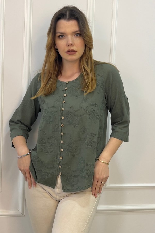 EtkiModa 100% Organic Cotton Women's Authentic Blouse with Embroidered Front and Button Detail