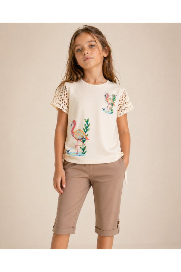 Pançiko Kids Clup Girl's Cream Color Flamingo Printed Lace Sleeve Side Gathered Summer T-Shirt