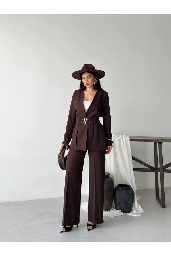 Bella Breeze Women's Pleated Detailed Double Belted Blazer Jacket Pants Double Suit