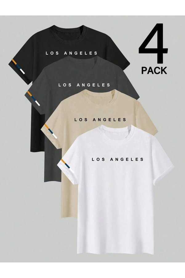 PAVRO Oversize Tshirt 4 Pieces with Los Print Multicolor T-Shirt