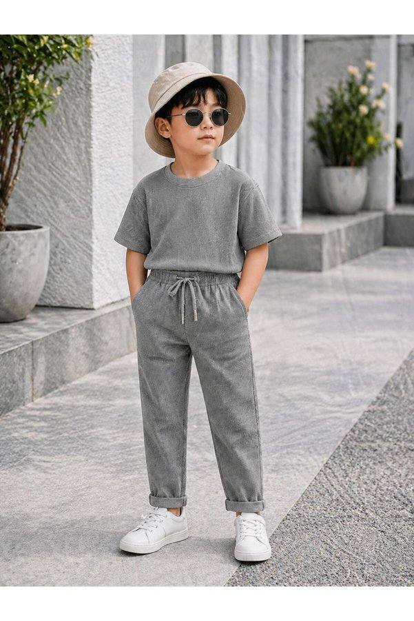 gold ılgaz tekstil 19 May% Eid Al-Adha Boys' Jogger Pants Diagonal Pique with Elastic Waist