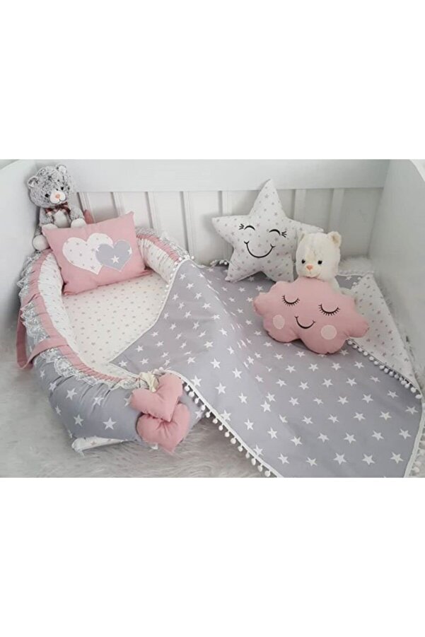 Jaju Baby Nest Gri Yıldız Desenli Lüx Ortopedik Jaju-babynest Set Anne Yanı Bebek Yatağı